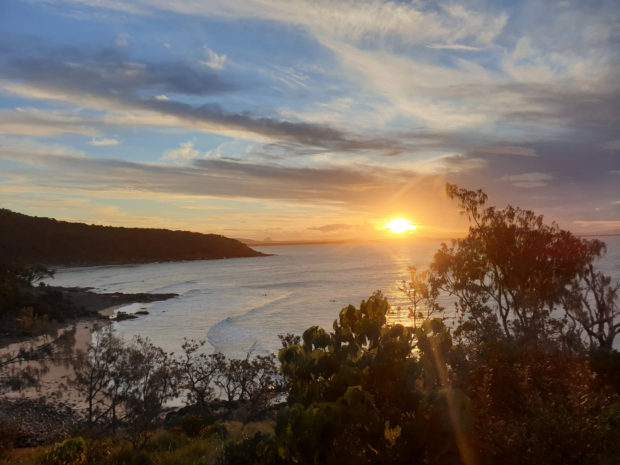 Sunset over the ocean, viewed from a hillside with trees and plants in the foreground, and a sky with clouds.