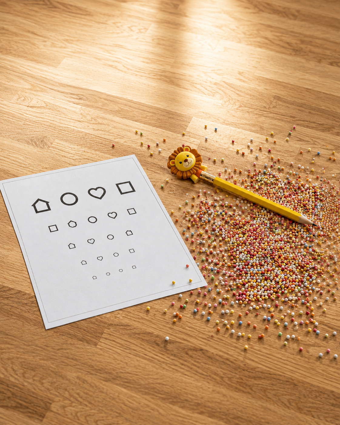 A wooden table with scattered multicolored confetti, a yellow lion-themed pen, a black and white worksheet with various shapes, and a pile of small, colorful, round sprinkles.