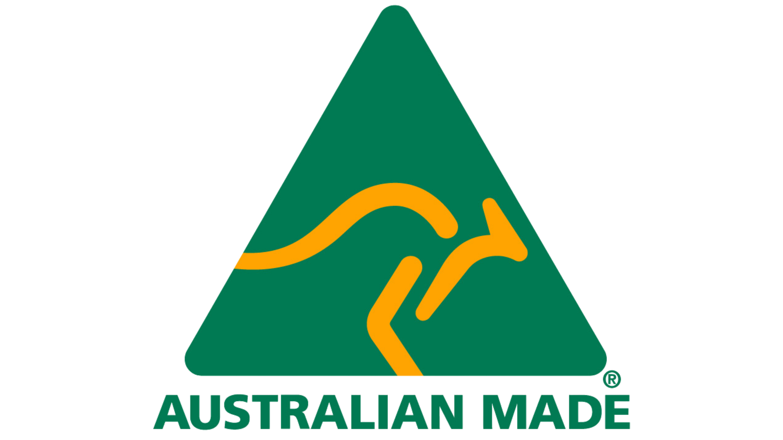 Green triangular sign with a yellow kangaroo incorporated into a winding road, and the text 'HAVE A HAPPY AND SAFE RIDE'. Below the triangle, the words 'AUSTRALIAN MADE' are displayed.