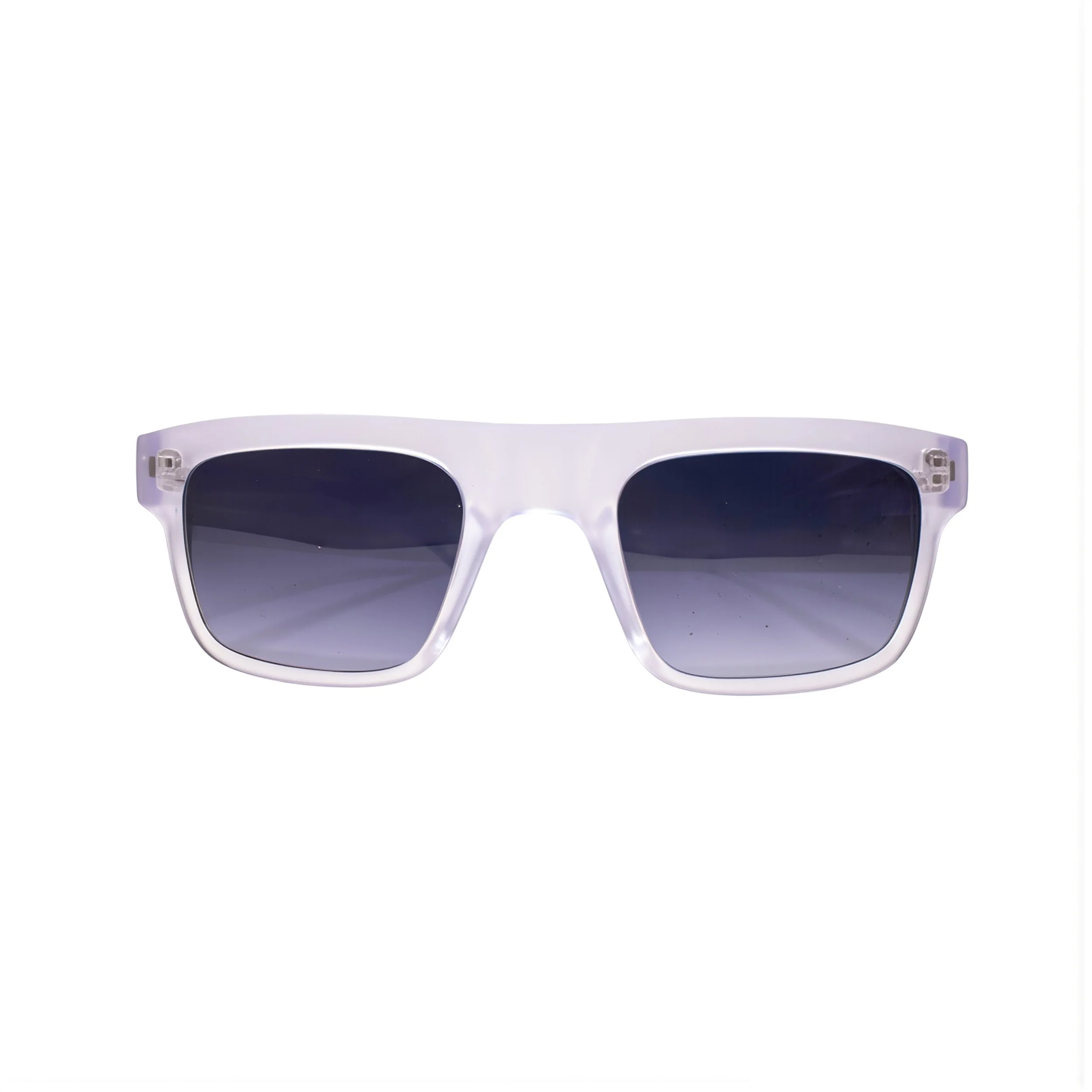 A pair of black sunglasses with a white frame on a white background.