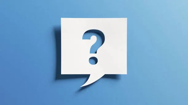 A white speech bubble with a question mark inside, set against a blue background.