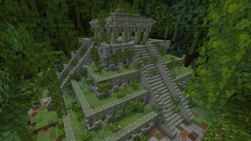 Minecraft scene featuring an ancient stone temple with multiple tiers and staircases, surrounded by dense forest.