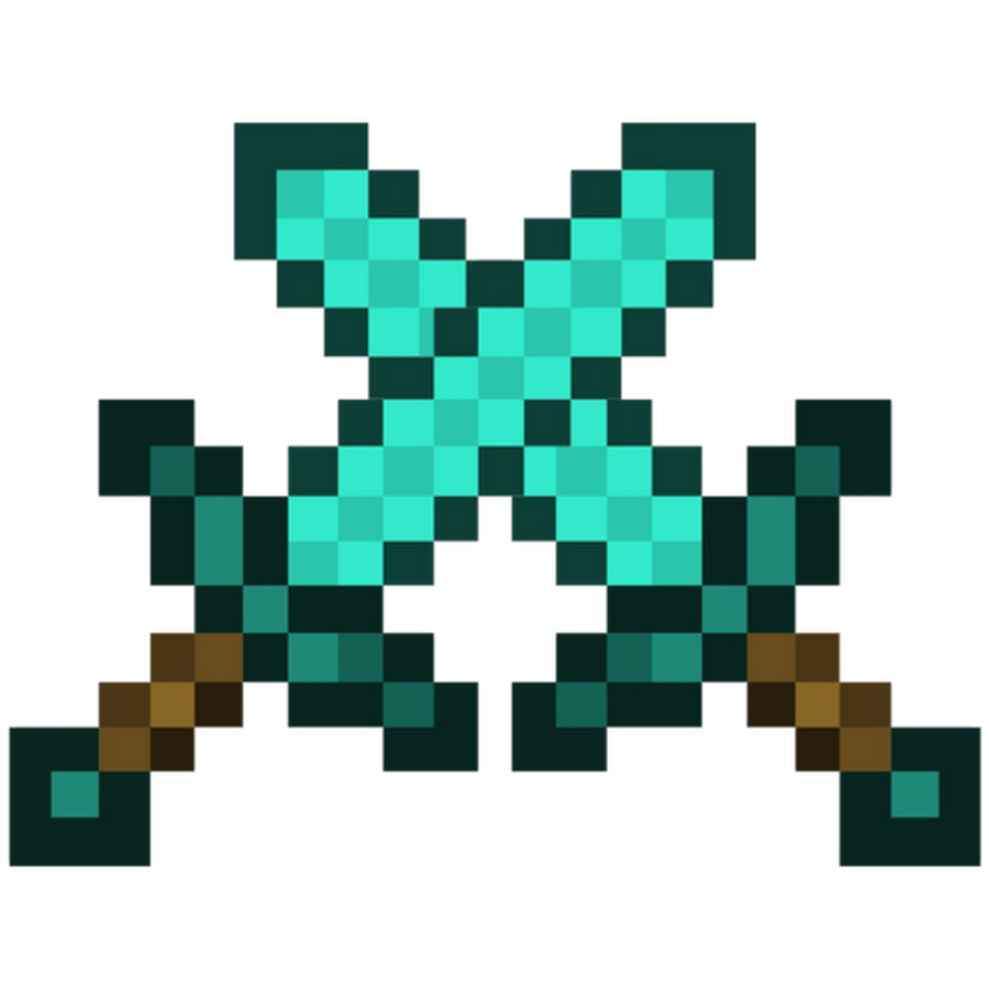 Pixelated diamond sword from the video game Minecraft, with a pixelated axe and red shield in the background.