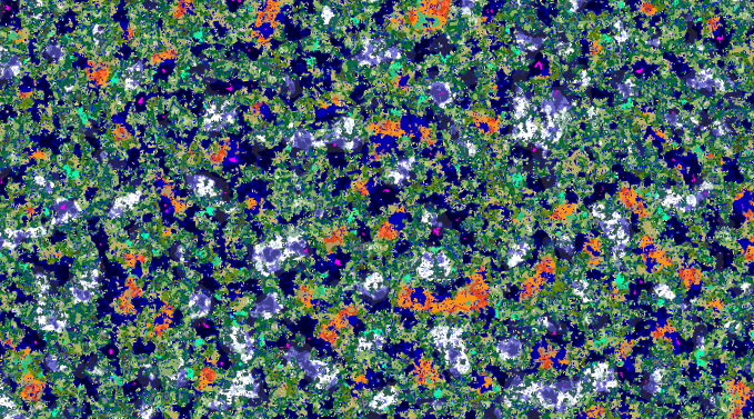 Close-up of a colorful, textured surface with various shades of green, purple, white, orange, and black.