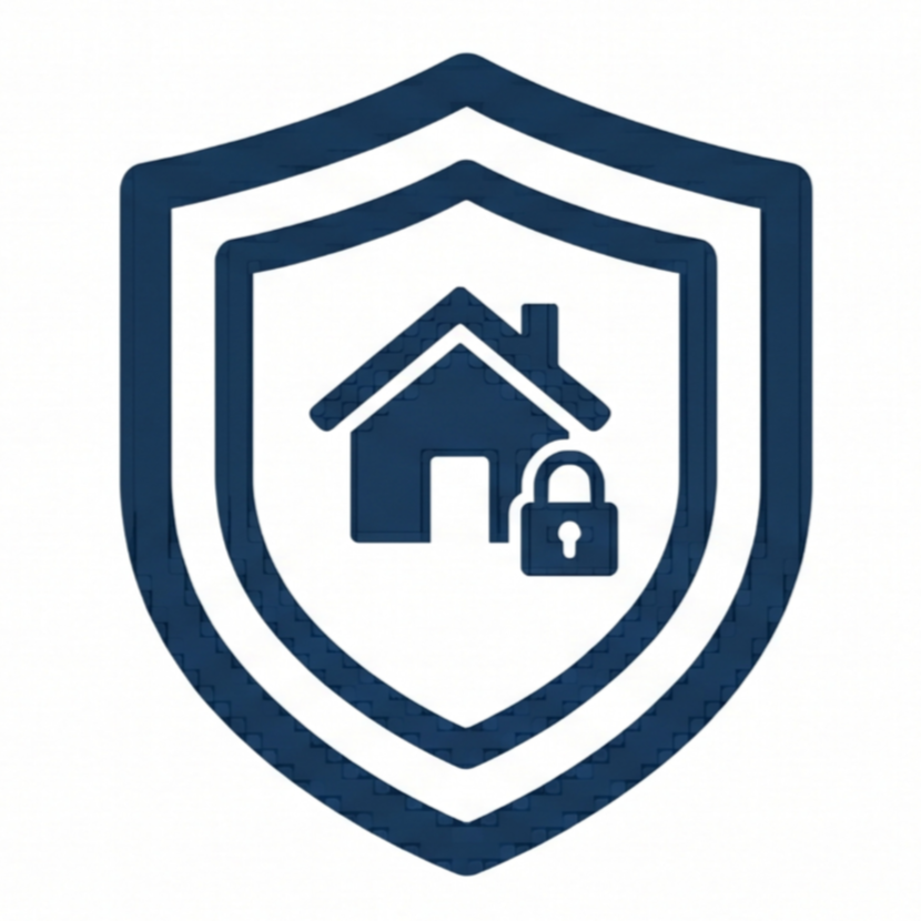 A shield with a house and a lock symbol inside, representing home security or protection.