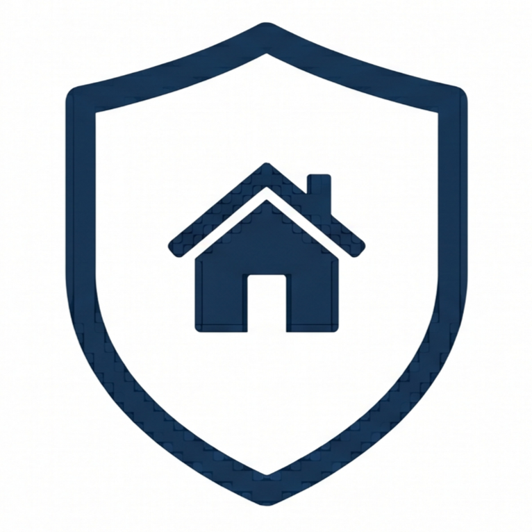 Blue shield with a house icon in the center.
