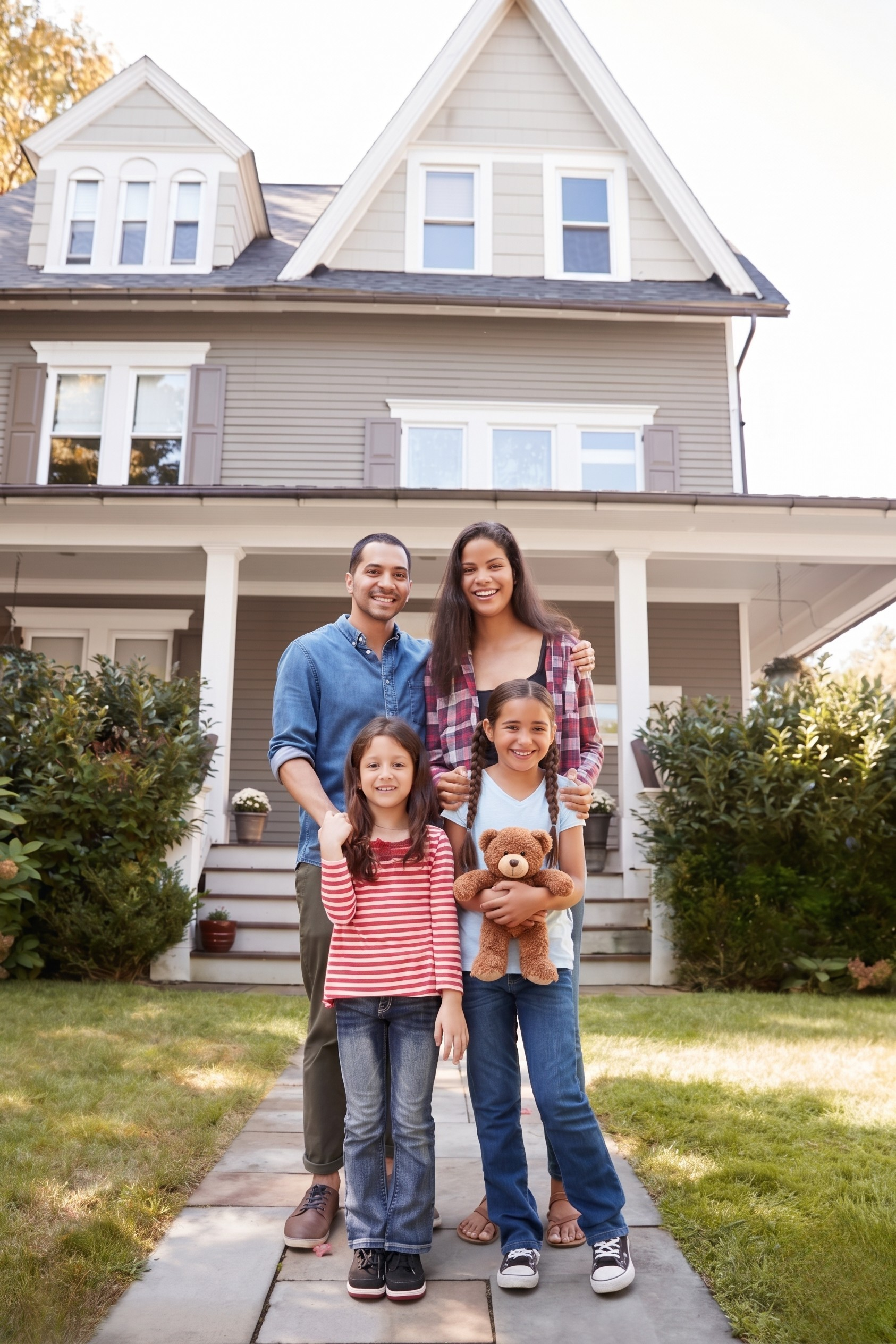 Family standing in front of their home