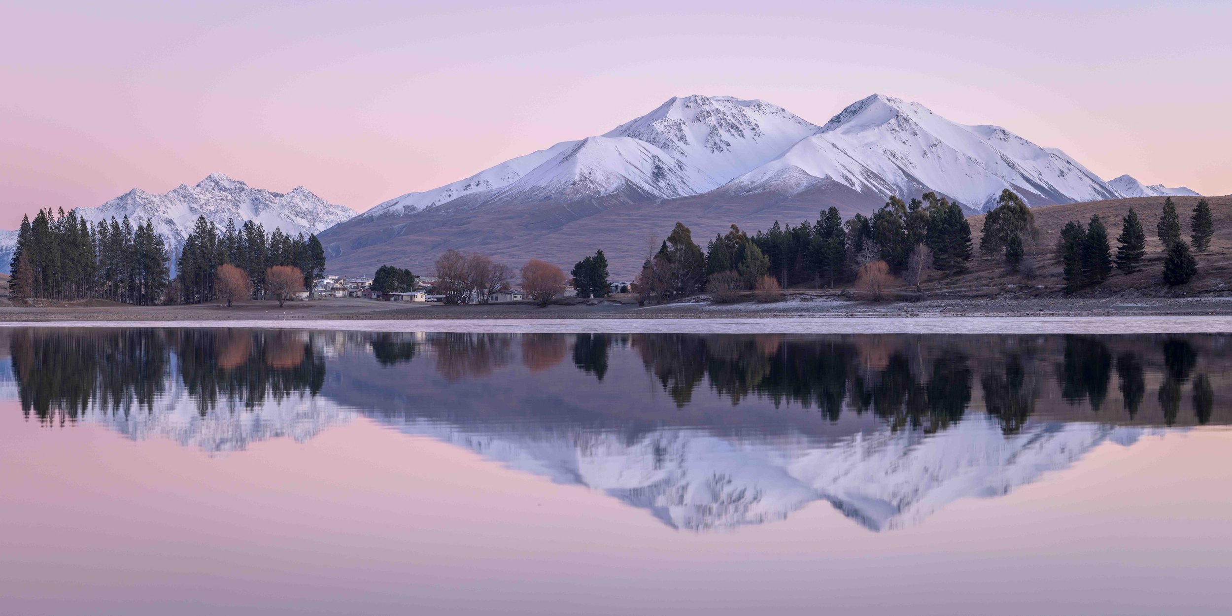 Lake Camp Sunrise – Magenta Sky, Frosted Hills & Mirror Reflection