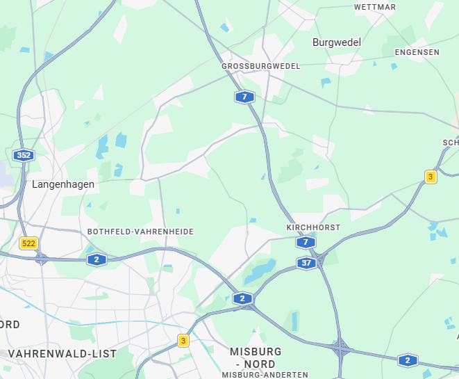 Karte mit Verkehrswegen und Ortsnamen in Isernhagen.