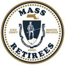 Seal of Mass Retirees, featuring a skeleton in military attire holding a sword, with text indicating 'Mass Retirees,' 'State County Municipal Employees,' and 'Assoc.'