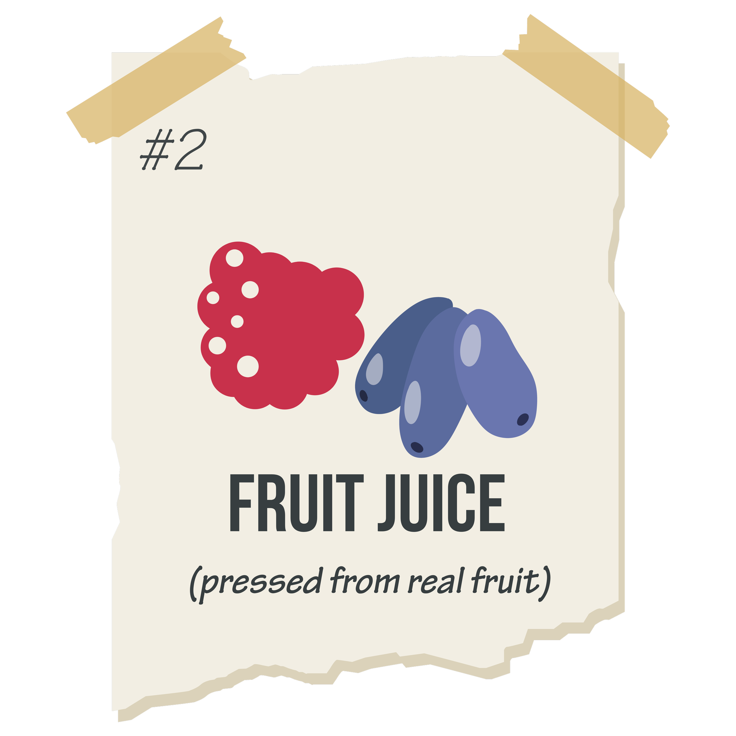 A torn piece of paper with the text '#2 Fruit Juice (pressed from real fruit)' and illustrations of red and purple grapes.