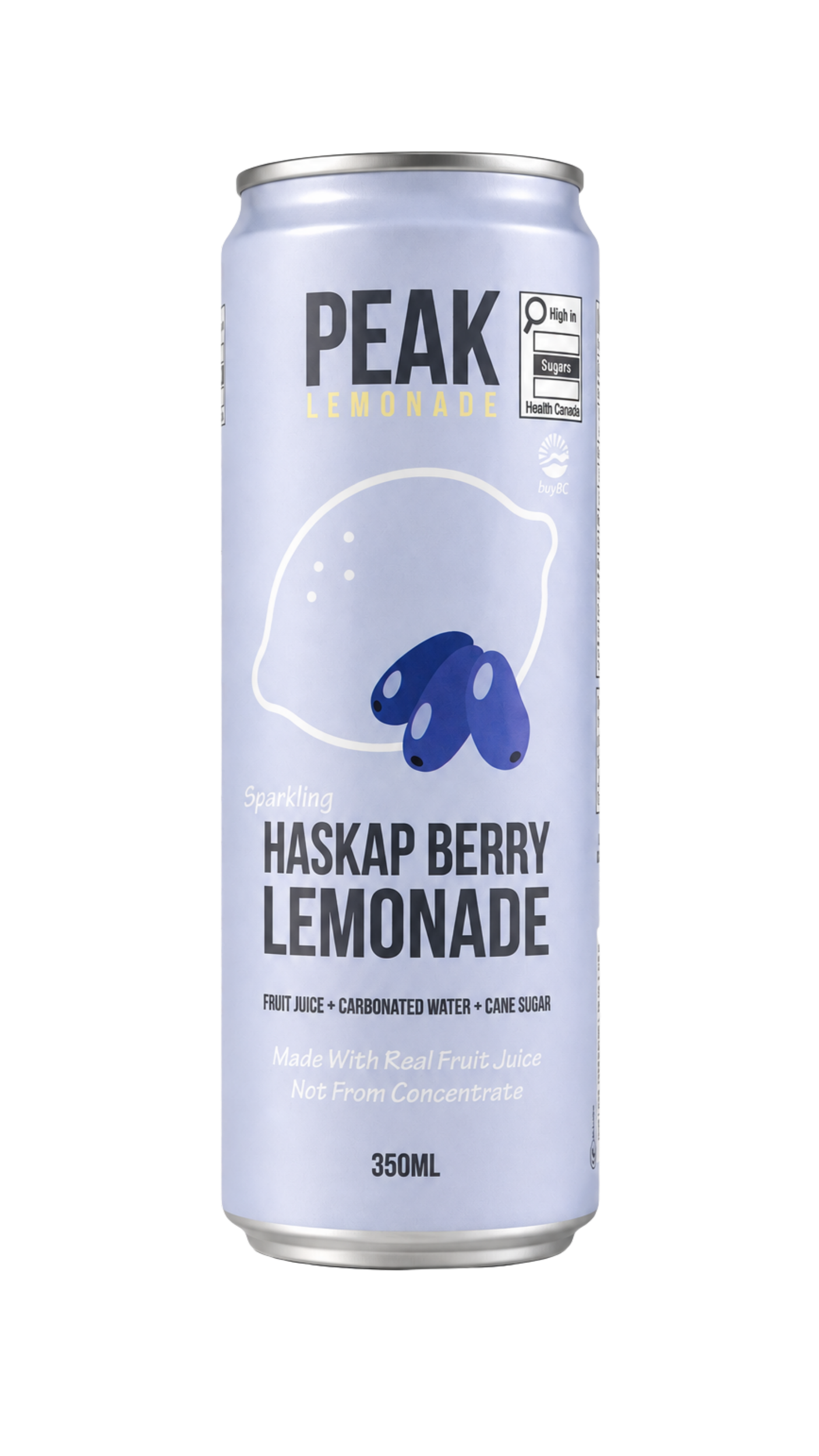 A can of Peak Lemonade with Haskap Berry flavor, mentioning sparkling lemonade made with real fruit juice, containing fruit juice, carbonated water, and cane sugar, with a net volume of 350 milliliters.