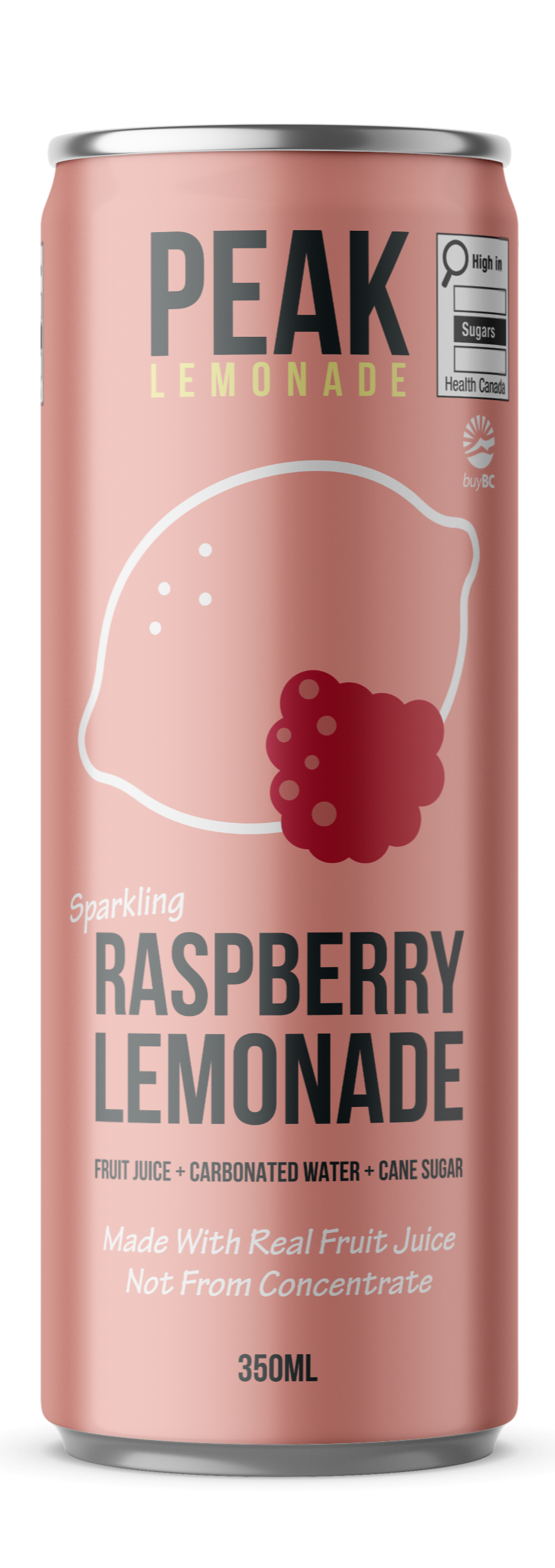 A pink can of Peak Lemonade with raspberry flavor, labeled as sparkling raspberry lemonade, made with real fruit juice, 350ml.
