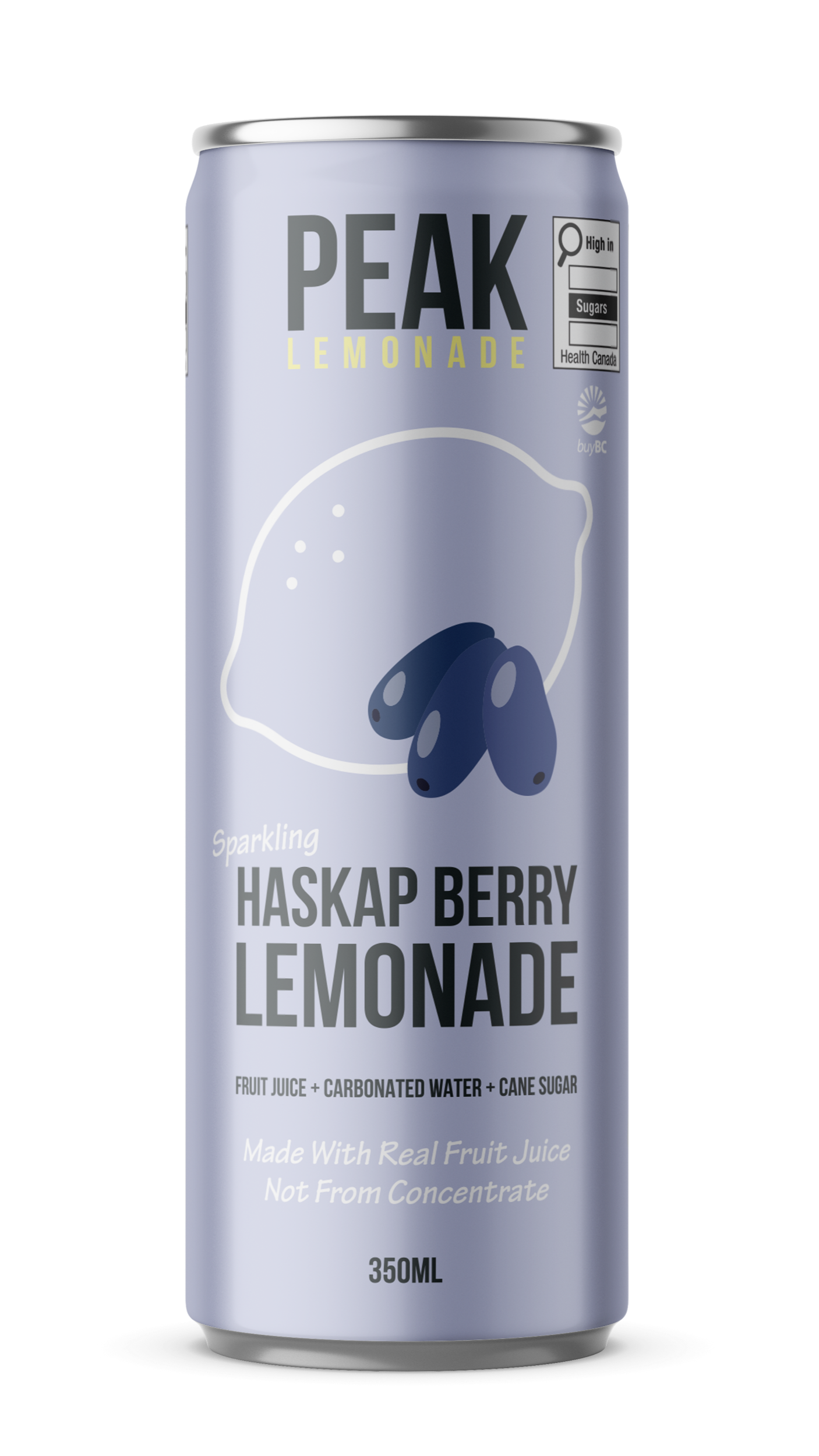 A can of Peak Lemonade with Haskap Berry flavor. The label indicates it is sparkling lemonade made with real fruit juice, not from concentrate, containing fruit juice, carbonated water, and cane sugar. The can is 350ml in size.