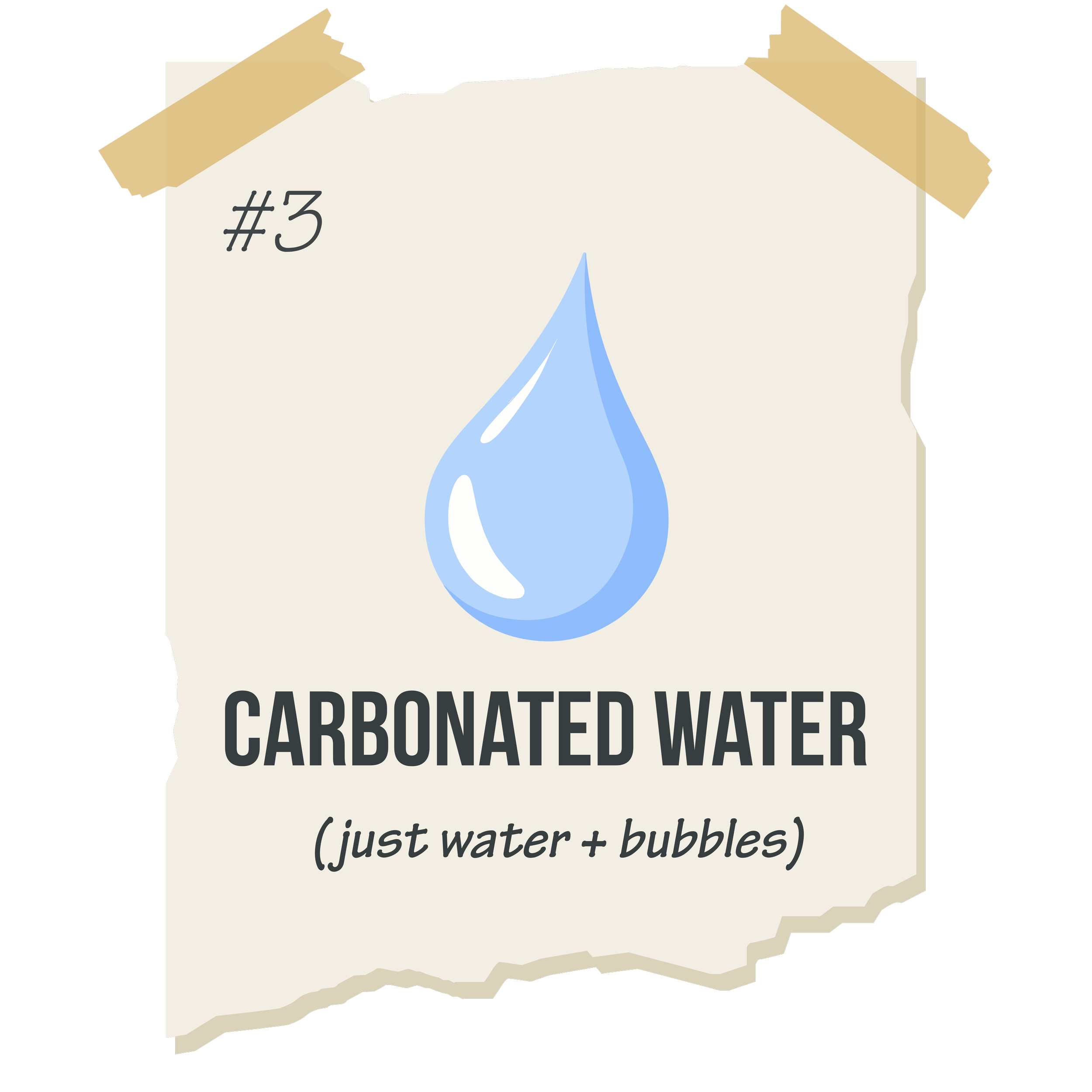 A torn beige paper sign with black text and a blue water droplet illustration. The text reads '#3 CARBONATED WATER (just water + bubbles)' and the sign is taped with two pieces of brown tape at the top.