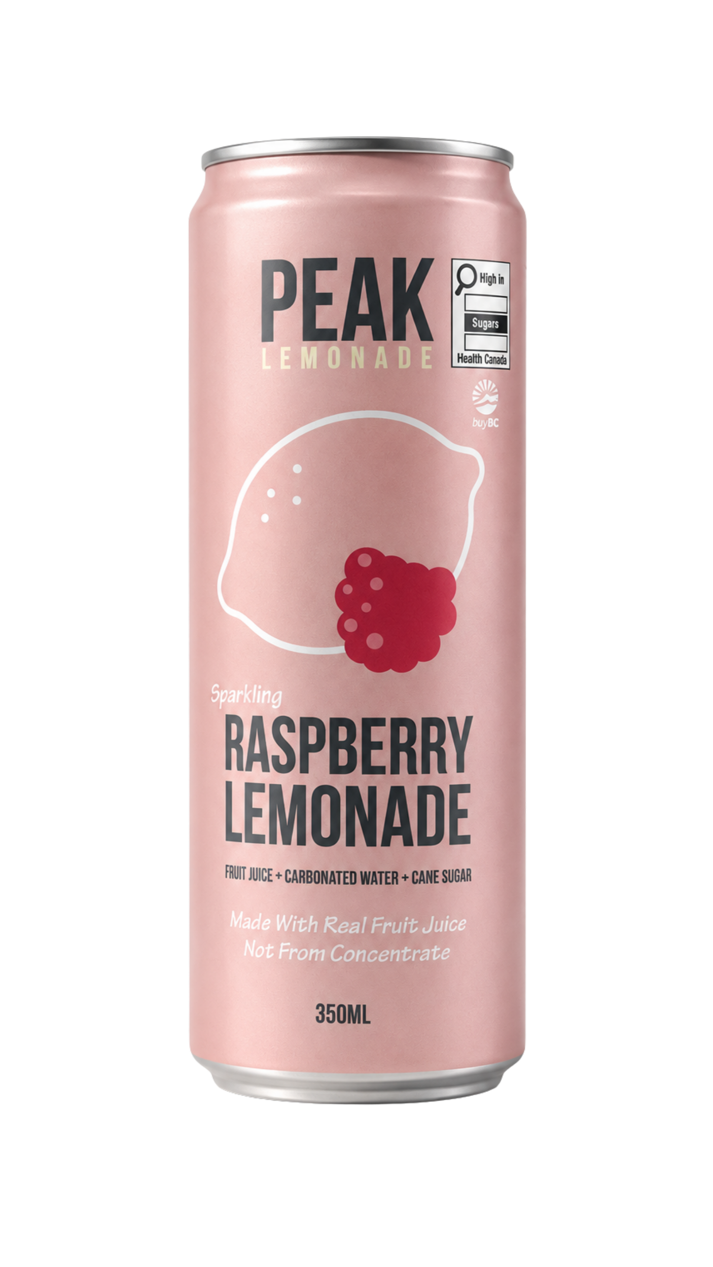A can of Peak Lemonade with raspberry flavor, pink color, lemon and raspberry illustrations, and labels indicating it is sparkling raspberry lemonade made with real fruit juice.