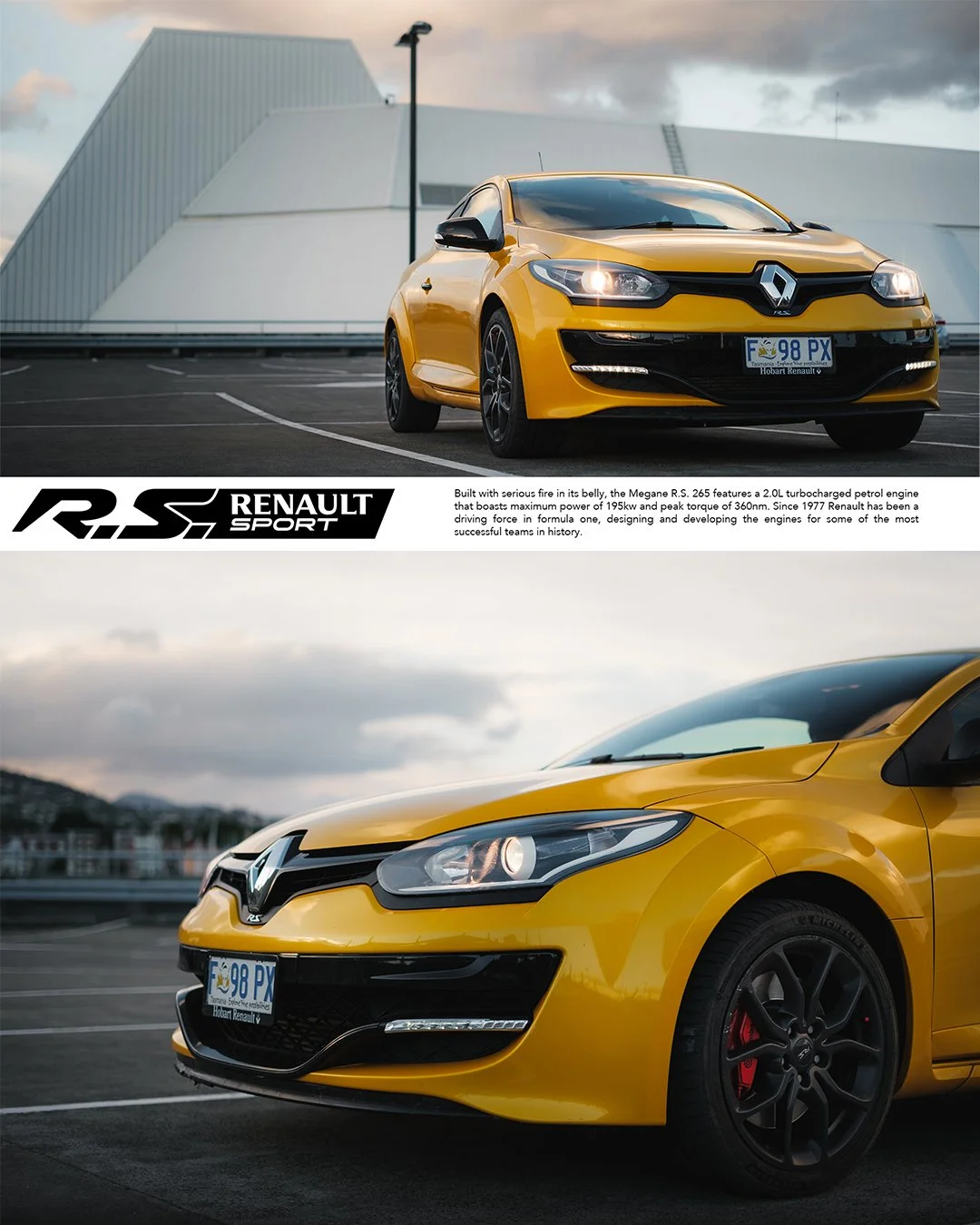 Two yellow Renault cars parked in an outdoor parking lot on a cloudy day, with a modern building in the background, featuring a flyer with Renault Sport branding and a paragraph describing the R.S. 265 engine and Renault's racing history.