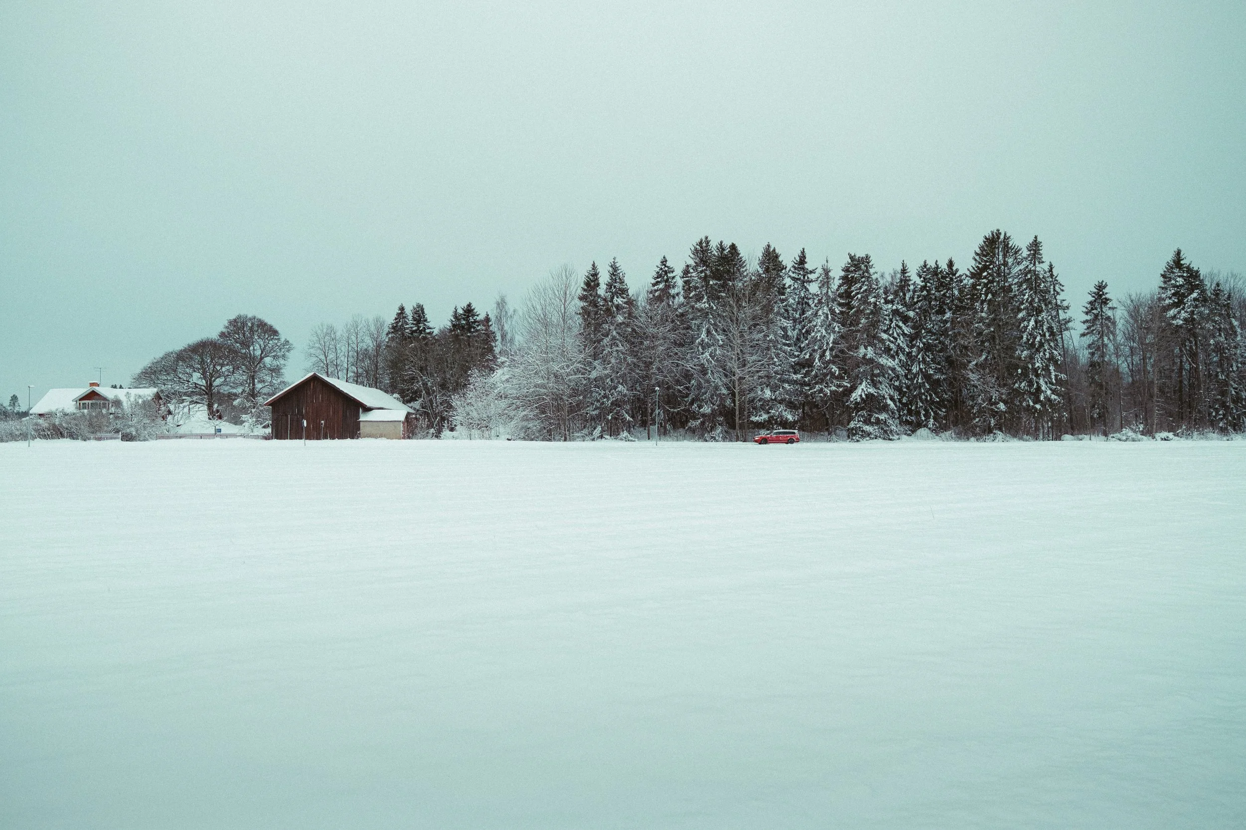 Snow-covered field with houses, trees, and a red car in the distance under a pale, overcast sky.