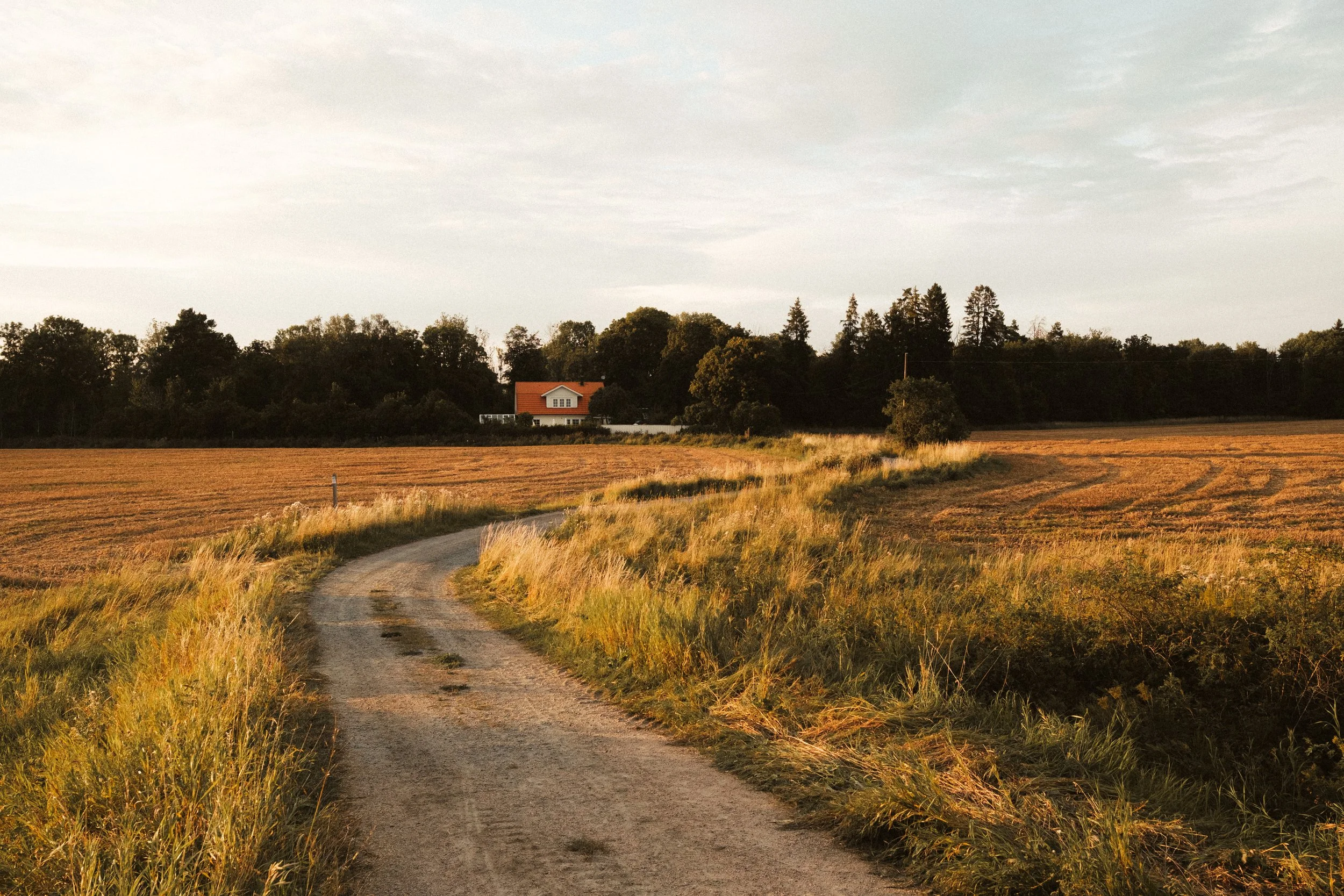 A winding dirt country road through fields and trees with a house in the distance under a partly cloudy sky.