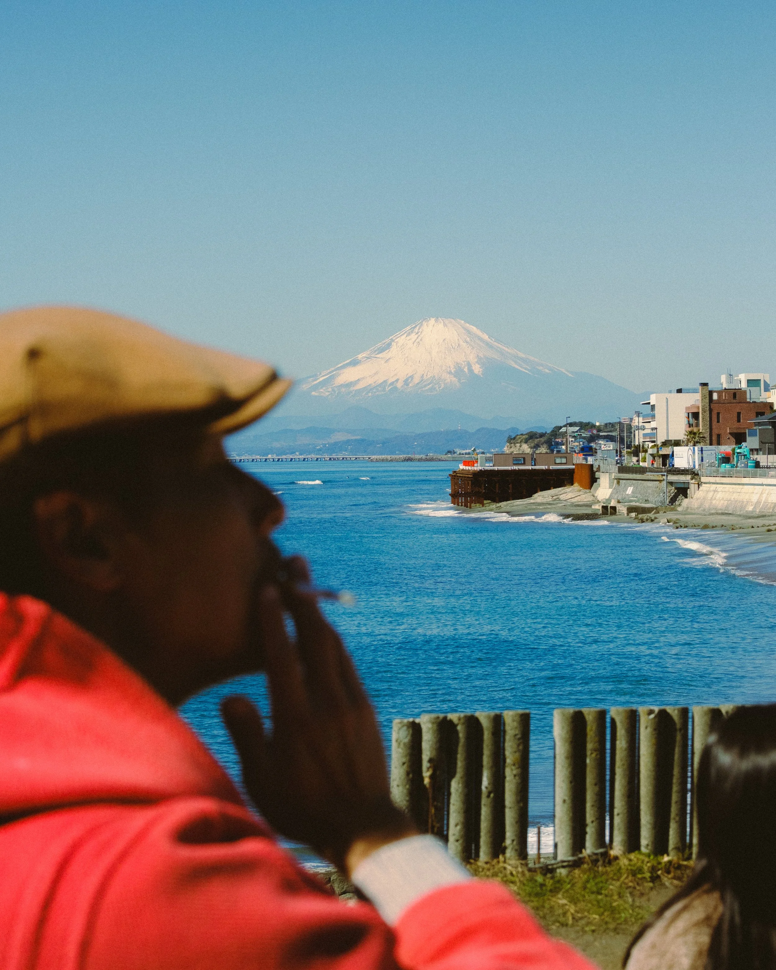 Person in a red jacket with braided hair, standing near a seaside promenade with Mount Fuji in the background.