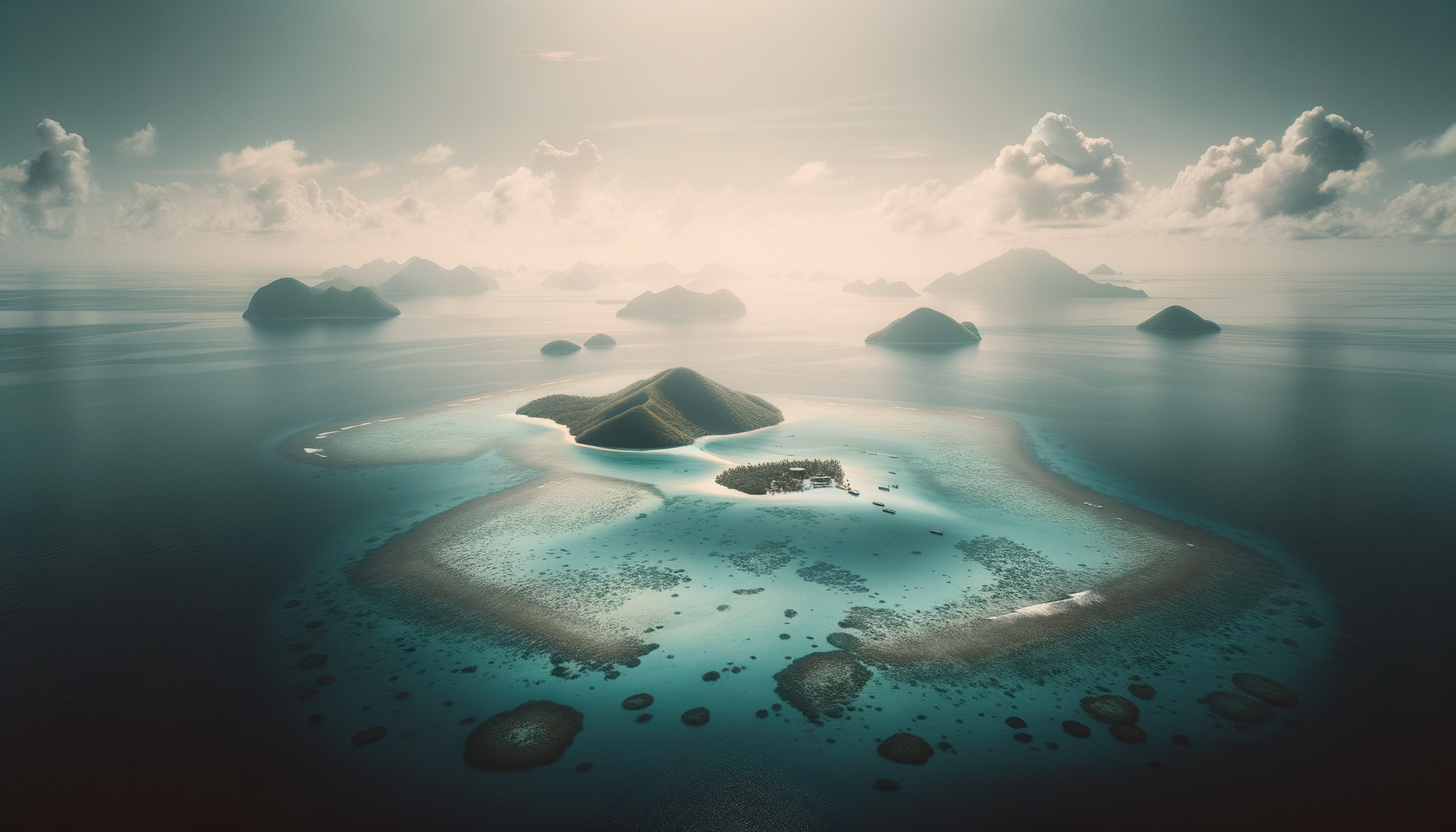 An aerial view of a tropical island with surrounding turquoise waters and smaller islands in the distance, under a partly cloudy sky.