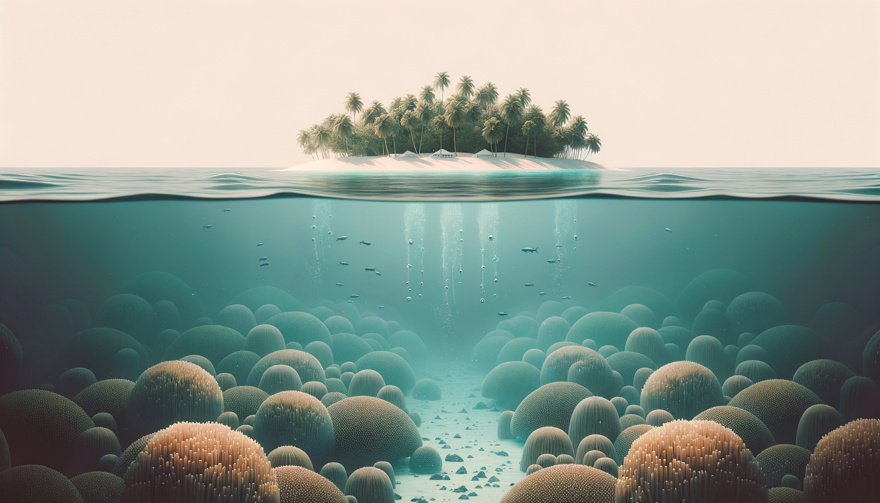 Underwater view of a coral reef with fish and a tropical island with palm trees and huts in the background.