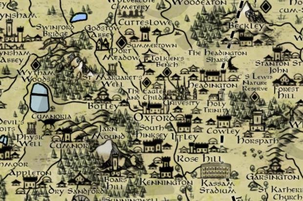 A detailed illustrated map of Oxfordshire in a Tolkien style