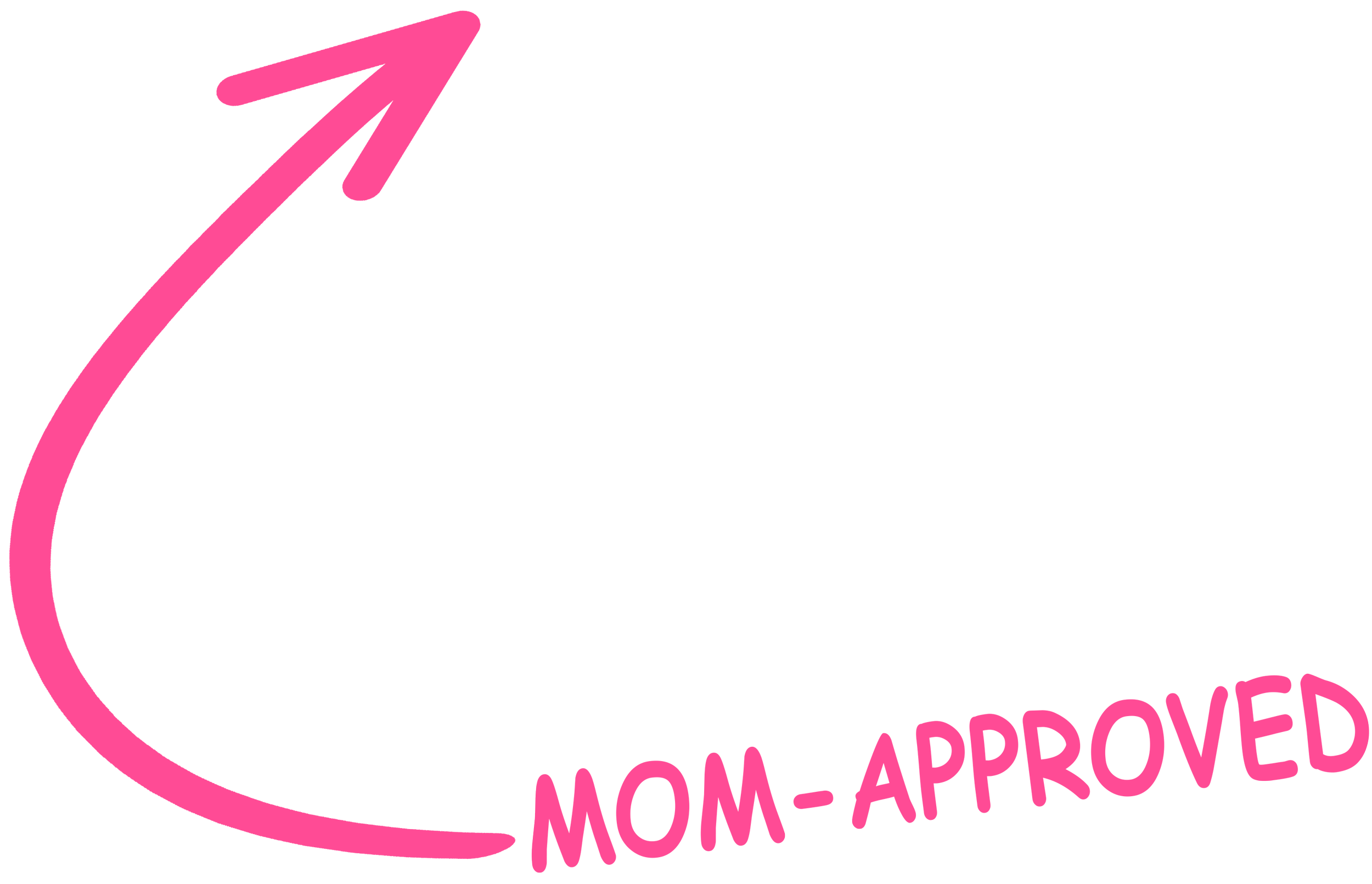 Pink and black circular health approval badge with the words 'mom-approved' in pink, cursive font.