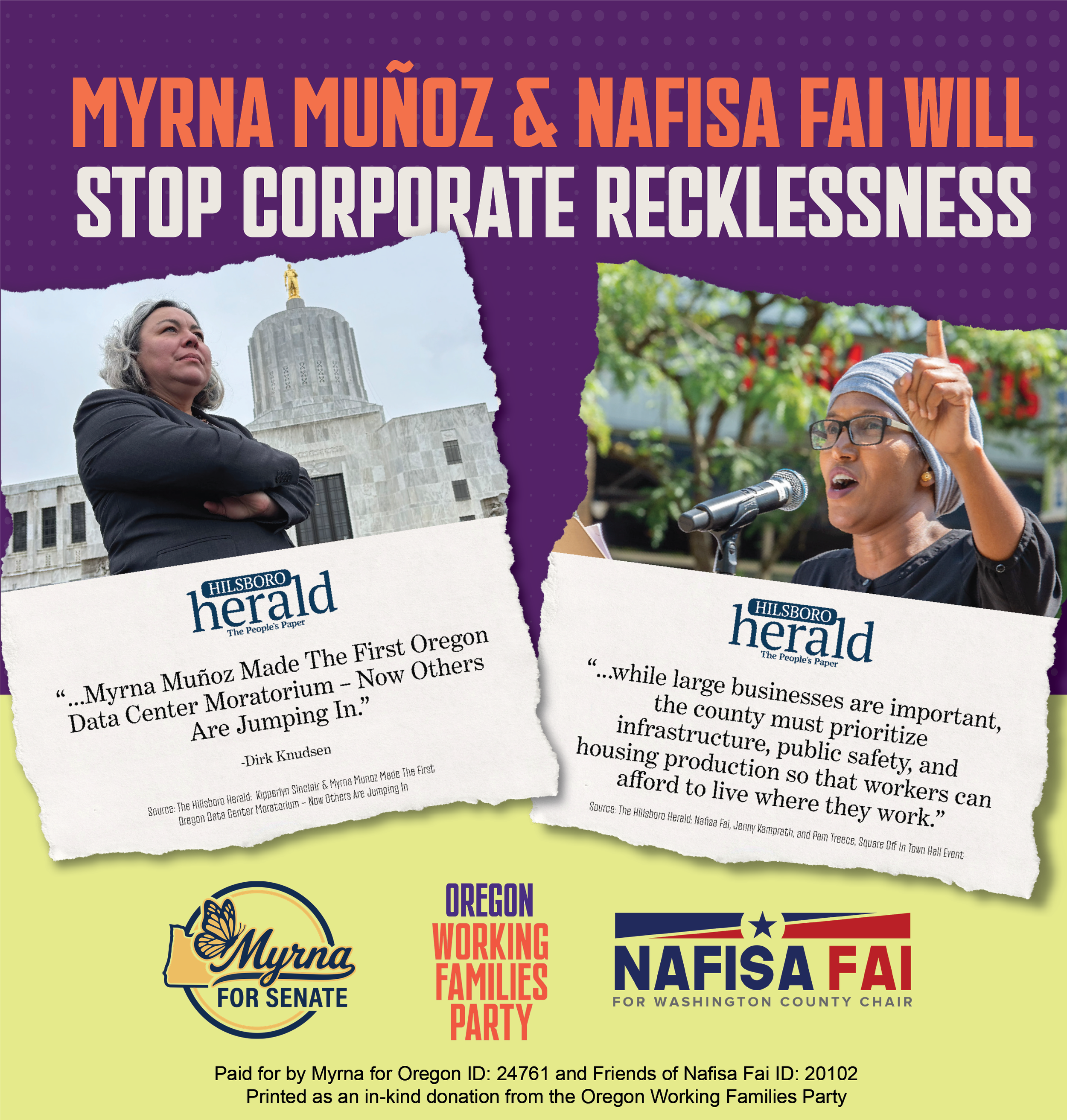 Mail with a collage of newspaper clippings with headlines and photos of people protesting, and campaign logos for Myrna Muñoz and Nafisa Fai.