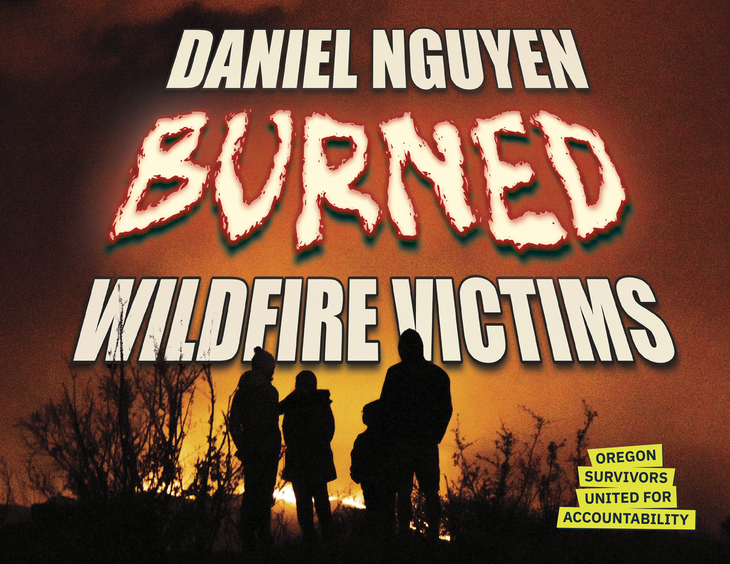 A mail piece with ''BURNED" in large, distressed text, and silhouettes of three people against a burning fire.