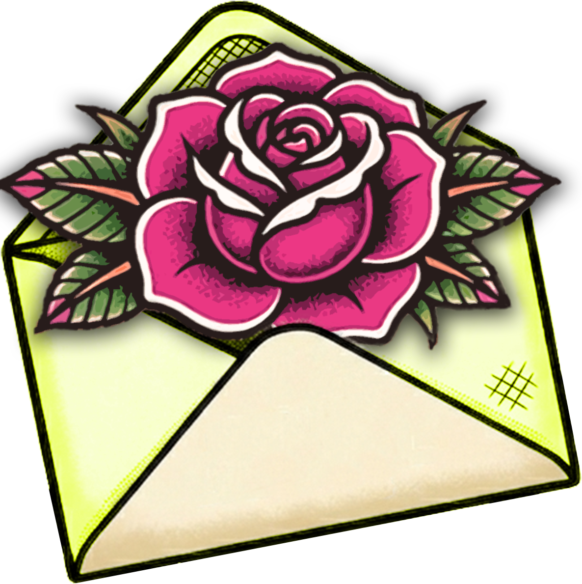 A tattoo of a pink rose with green leaves inside a yellow envelope with an open flap