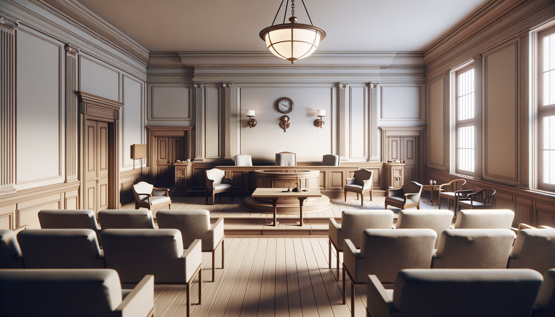 A court room with beige armchairs arranged in rows facing a judge's bench, which features a clock and two wall-mounted lamps, with large windows letting in natural light and intricate wood paneling throughout.