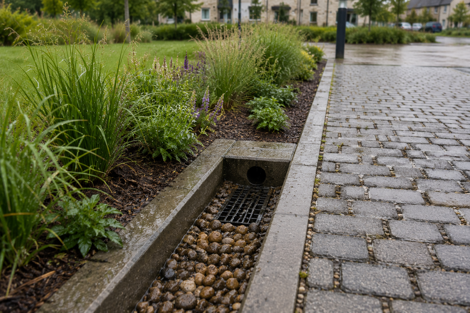 A close-up view of a rain drainage grate along a paved sidewalk next to a landscaped garden bed with green plants and purple flowers, wet from recent rain.