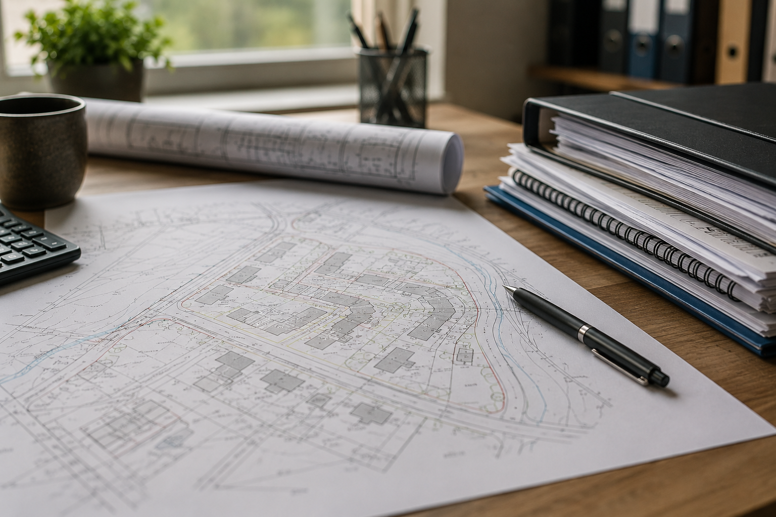 Architectural plans and blueprints spread on a wooden desk with a pen, black binder, and a stack of documents, with a window and plants in the background.