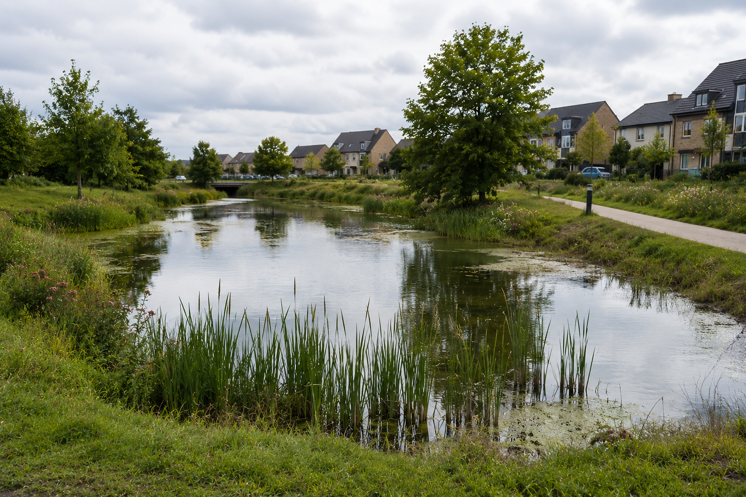 A peaceful residential neighborhood with a tension basin through it, surrounded by green grass, trees, and houses. Overcast sky.