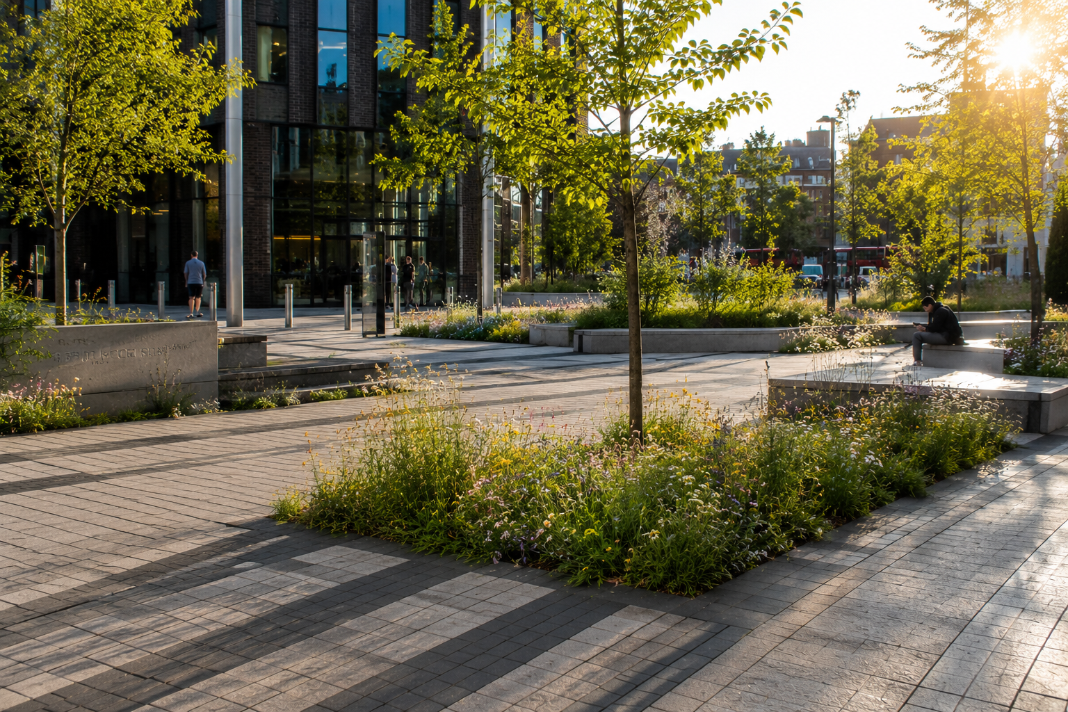 Urban park scene with bioretention treepit example.