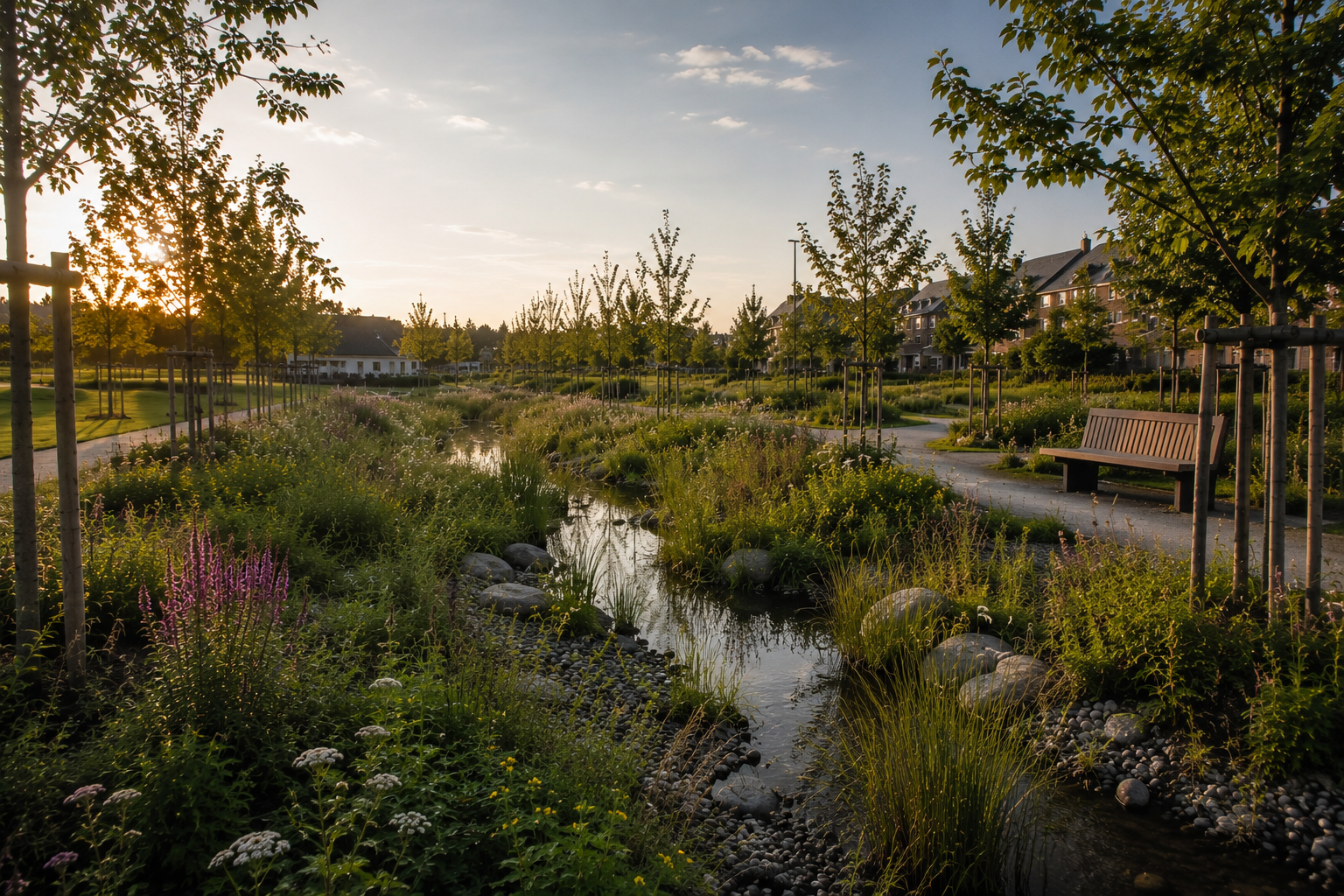 A peaceful park with a small stream running through it, surrounded by lush green trees and flowering bushes, with a walking path and benches, under a setting sun.  This park uses SUDS design to keep it's beauty whilst supporting functioning drainage
