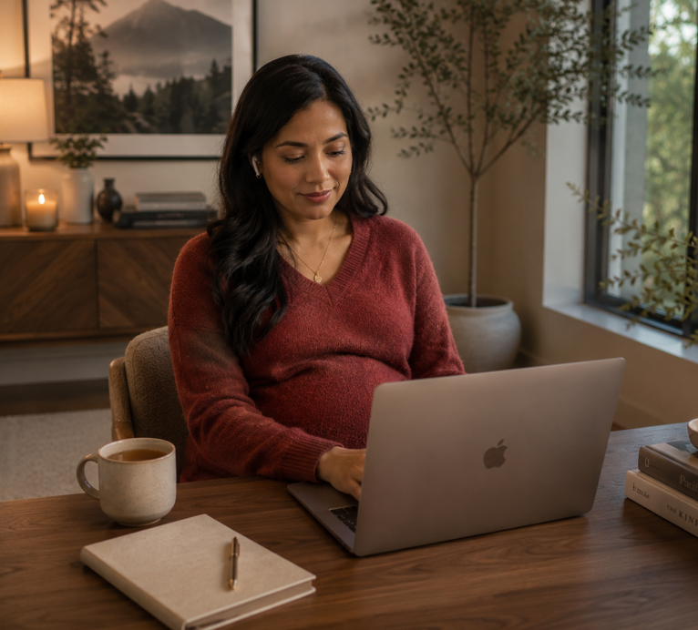 Woman with dark hair working on a laptop at a wooden table in a cozy, well-lit room with a large window and potted plant.