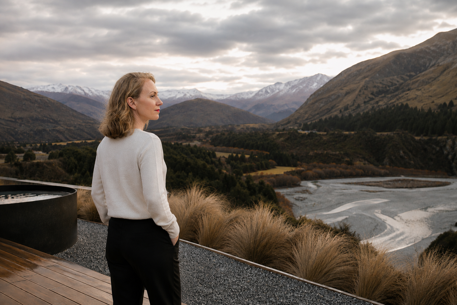 Rested Abby overlooking Arrowtown valley at the Onsen