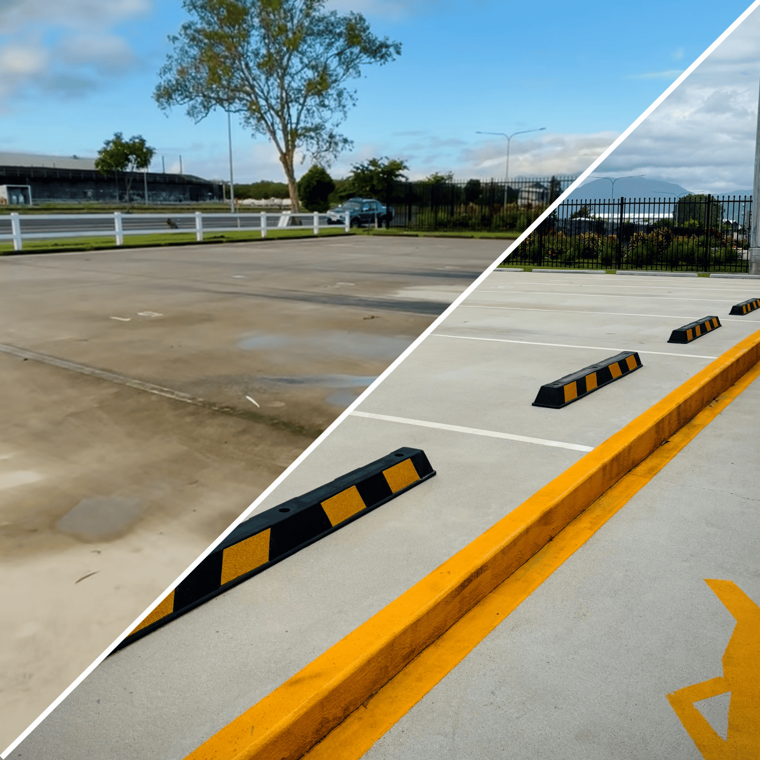 Transformation before and after of mouldy driveway, pressure washing clean Cairns