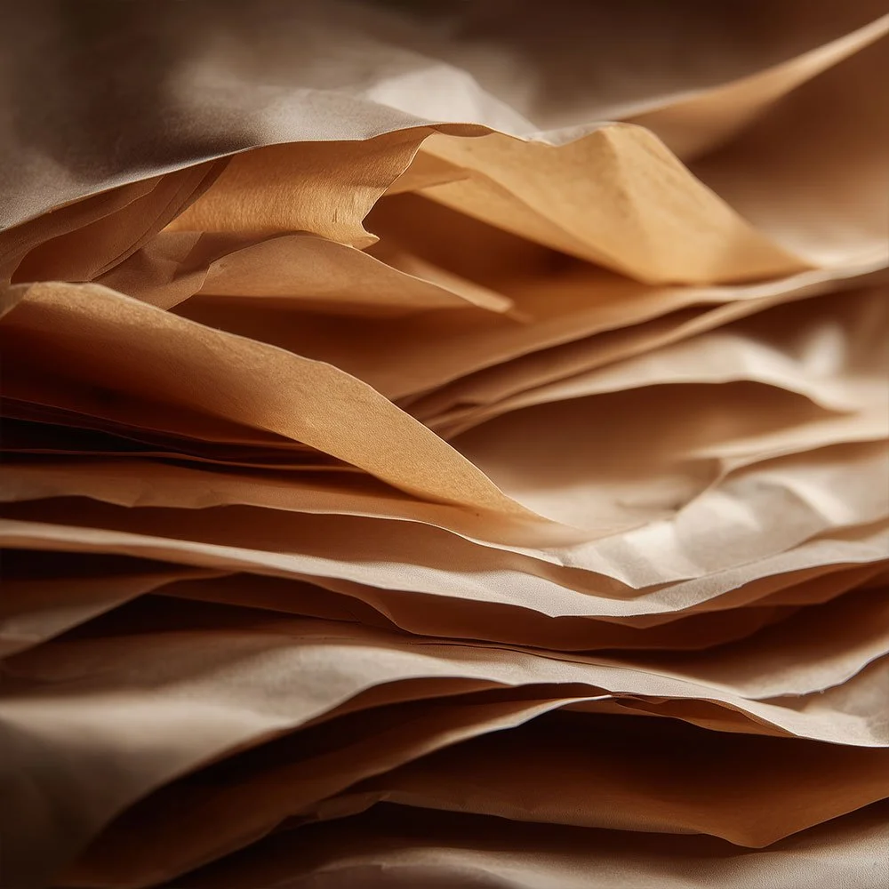 Close-up of crumpled brown and beige paper sheets layered together.