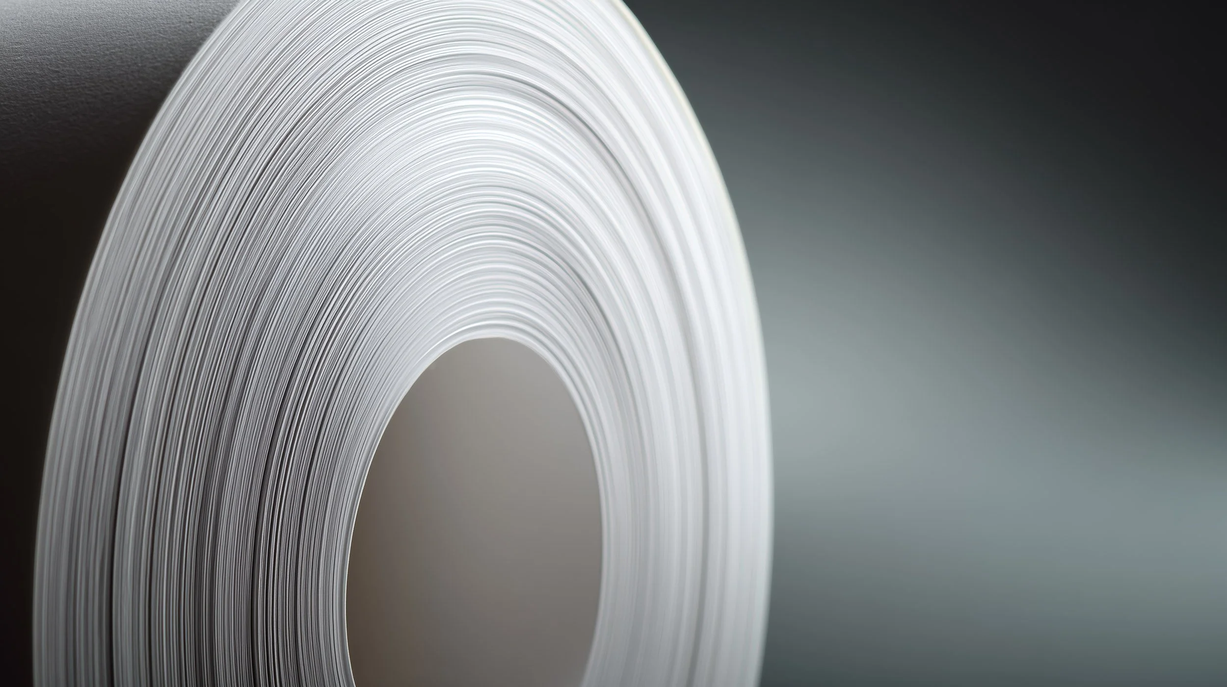 Close-up of a roll of white paper or film with a textured surface, set against a dark gradient background.