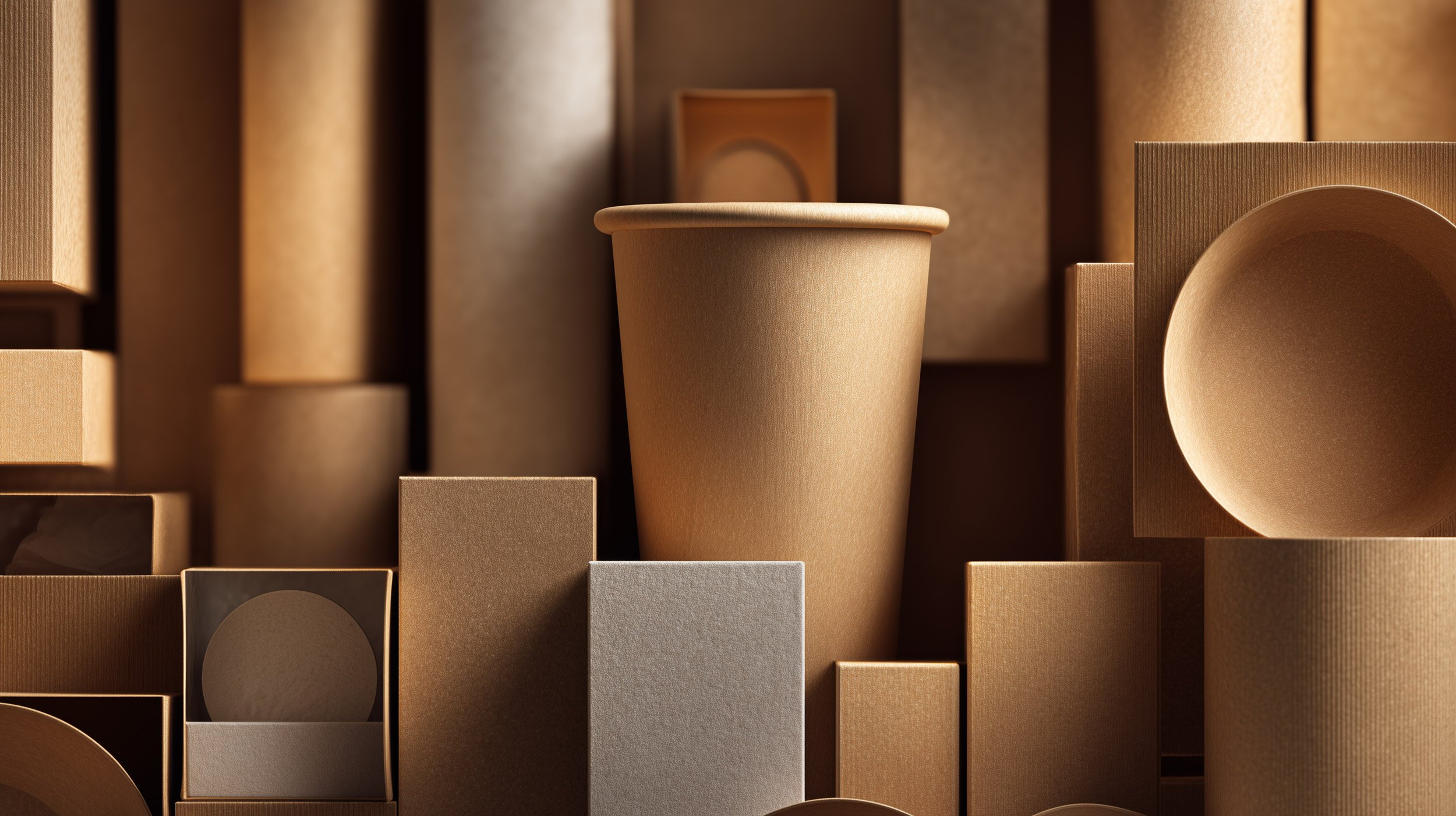 Various brown and beige boxes and geometric shapes, including cylinders, squares, and circles, arranged in a studio display.