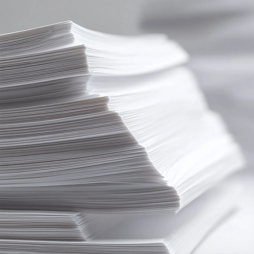 A close-up of a large stack of white paper sheets.