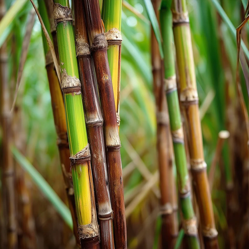 Close-up of sugarcane stalks in a field, with vibrant green and brown stalks and blurred background.