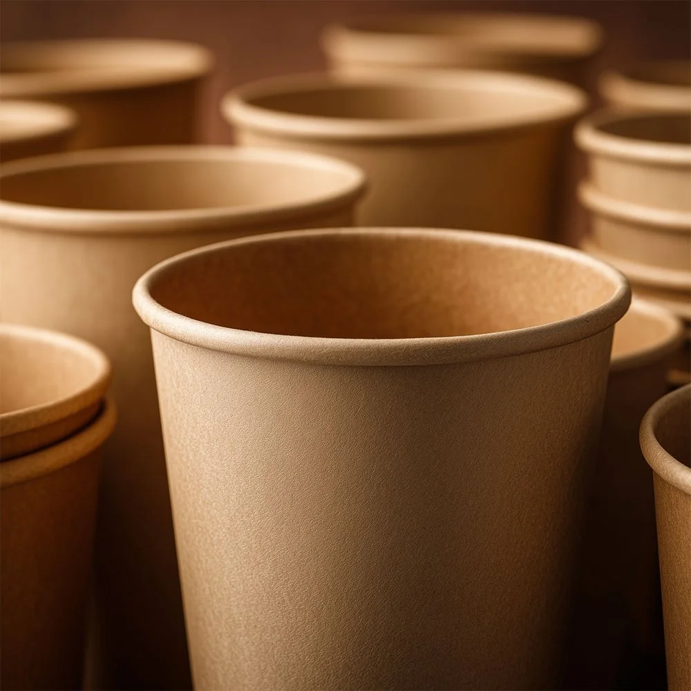 Rows of empty beige paper flower pots stacked together.