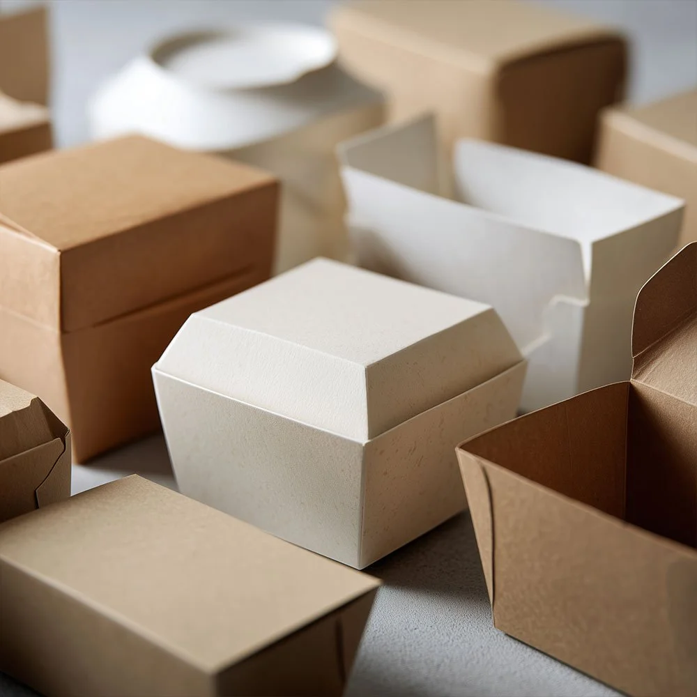 Various rectangular and square paper or cardboard containers in neutral colors, including white, beige, and brown, arranged on a surface.