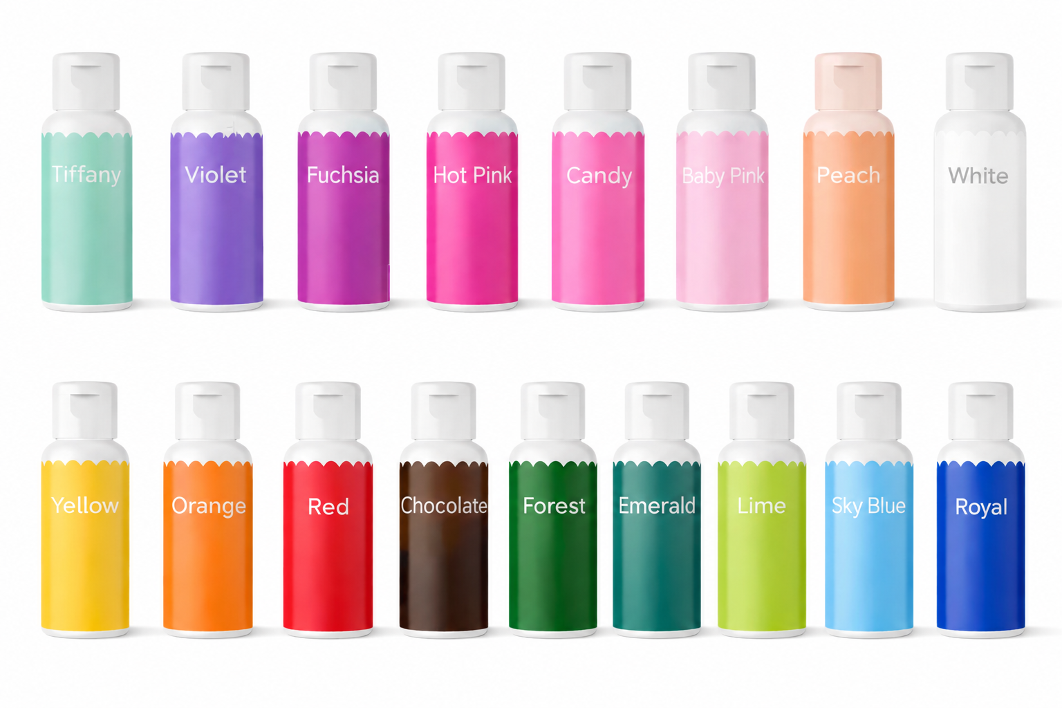 Colour palette from Colour Mill: Tiffany, Violet, Fuchsia, Hot Pink, Candy, Baby Pink, Peach, White, Yellow, Orange, Red, Chocolate, Forest, Emerald, Lime, Sky Blue, Royal.