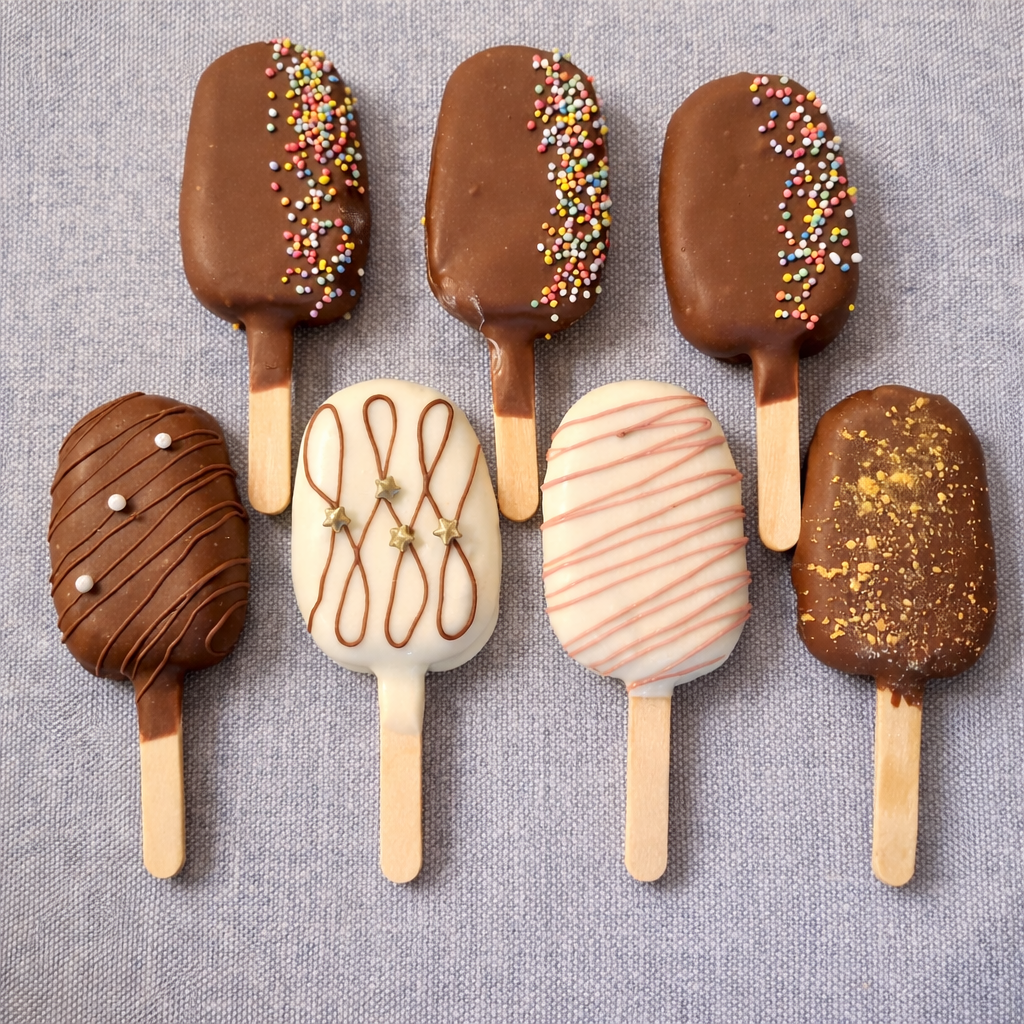Assorted decorated cakesicles, topped with chocolate, sprinkles, and decorative drizzle, placed on a gray fabric surface.