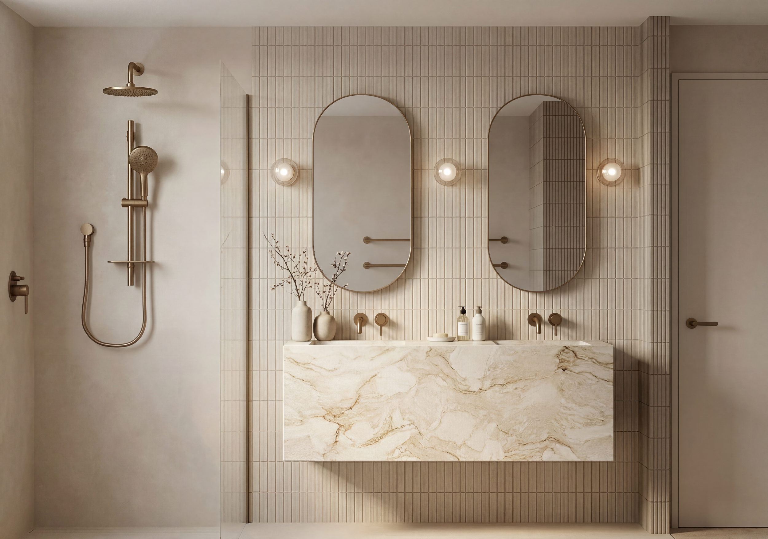 Warm modern bathroom with stone vanity, twin mirrors and brushed brass fixtures designed for a home renovation in Albury